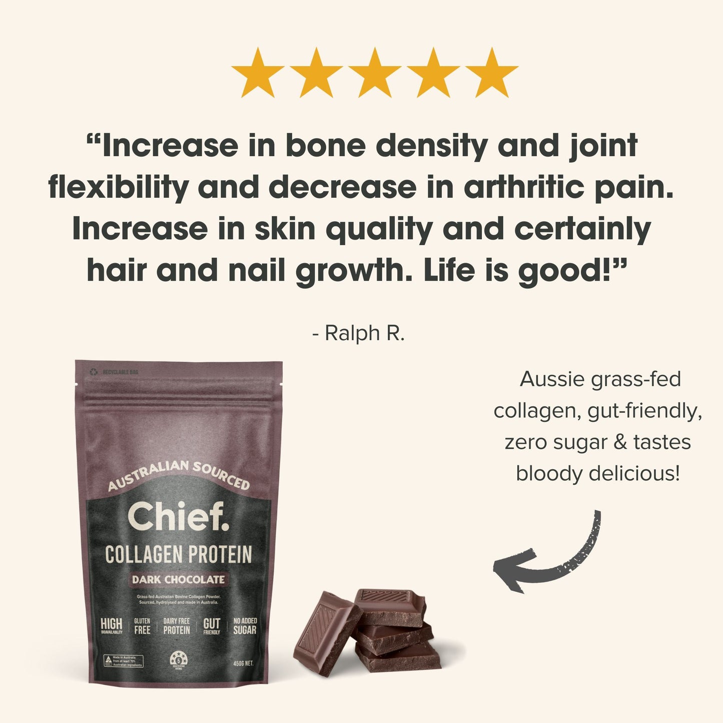 Chief Collagen Protein Dark Chocolate package with customer testimonial on a white background
