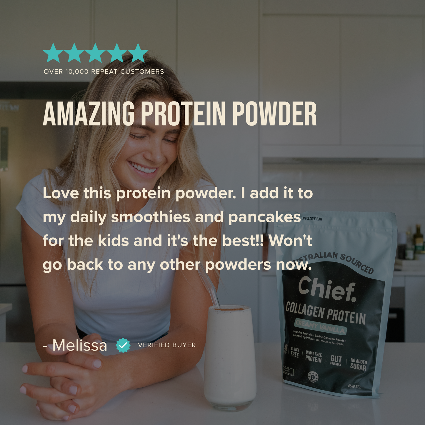 Woman with a glass of protein smoothie and Chief Collagen Protein powder in a kitchen setting