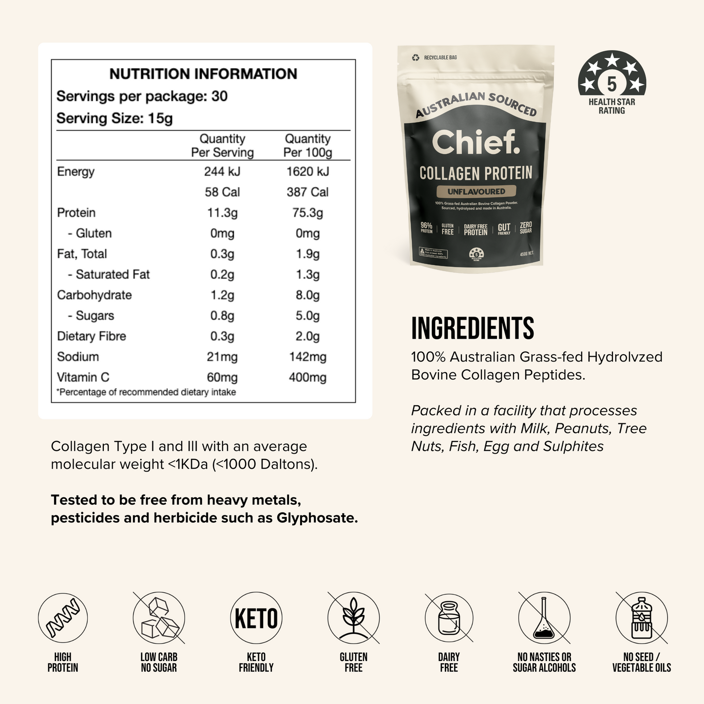 Chief Collagen Protein unflavoured packaging with nutrition information and ingredients listed on a beige background.