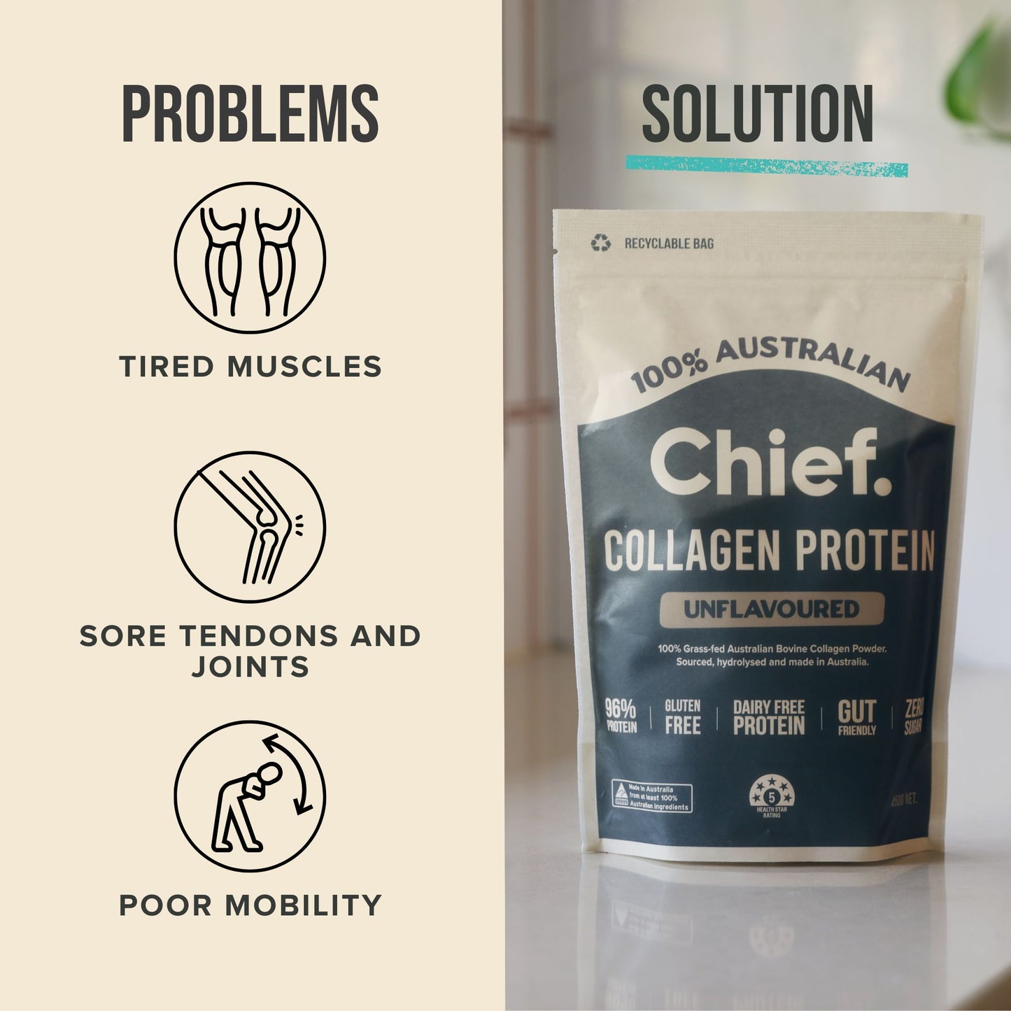 Chief Collagen Protein package with problem and solution text on a beige background