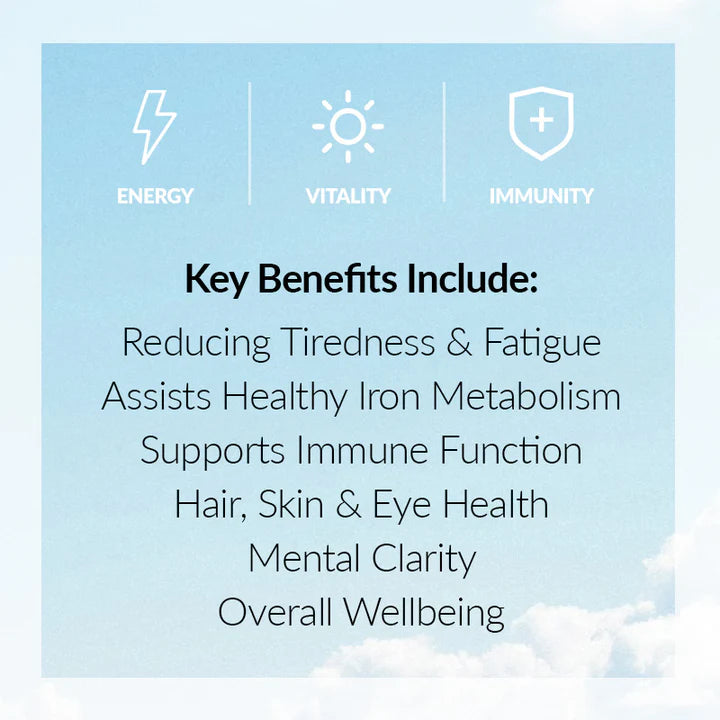 Beef Liver Capsules - Primal Energy .
List of key benefits on a light blue background with icons for energy, vitality, and immunity.