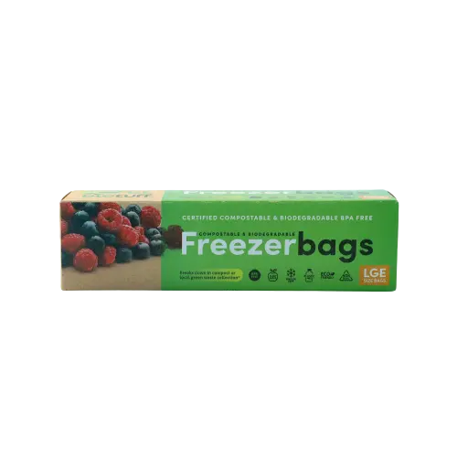 biotuff, freezer bags, compostable bags, biodegradable bags, toxic free freezer bags, plastic free, plant based, front