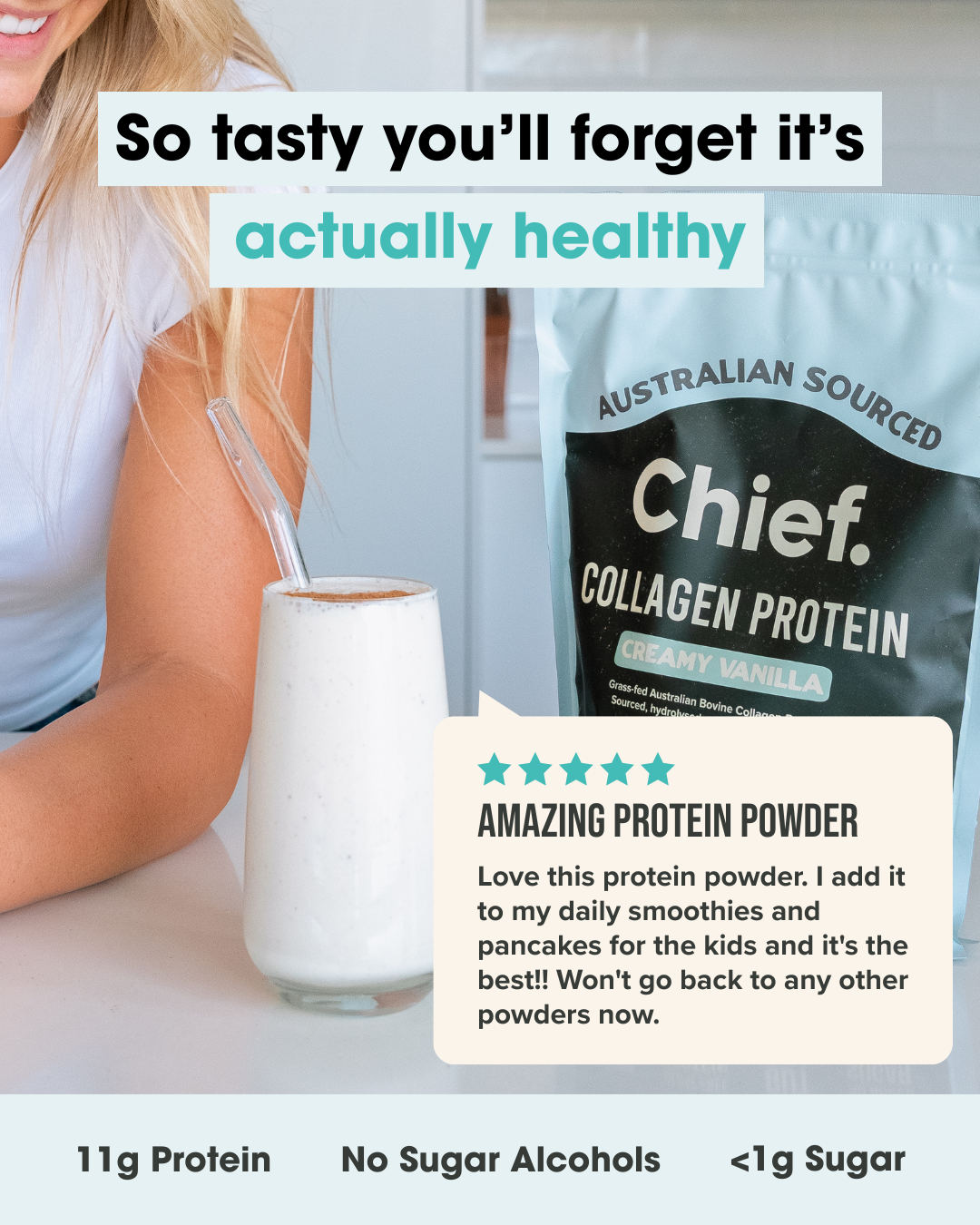 Person holding a glass of protein shake with Chief Collagen Protein packaging in the background. chief customer review