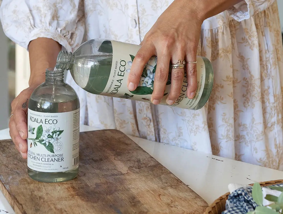 decanting koala eco kitchen cleaner from refill bottle into spray bottle