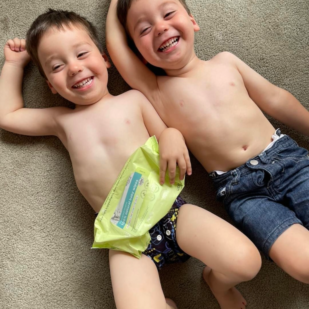 twins with wotnot natural baby wipes