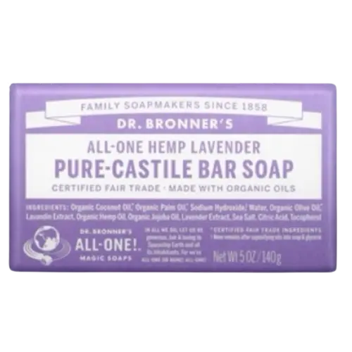 dr bronner, bar soap, castile soap, castile soap bar, lavender castile, pure castile, front