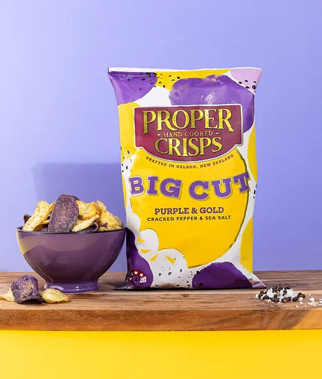 proper crisps hand cooked big cut purple and gold, cracked pepper and sea salt