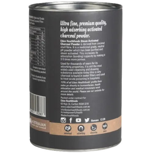Eden health foods Activated Charcoal side of canister
