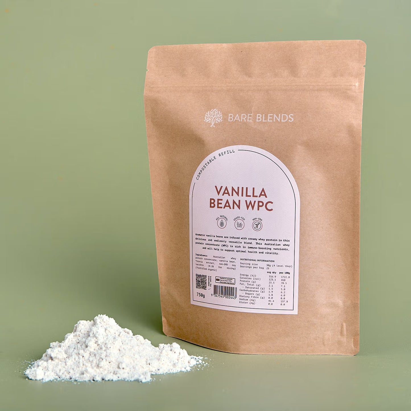 Bare Blends Vanilla bean WPC powder package on a green background