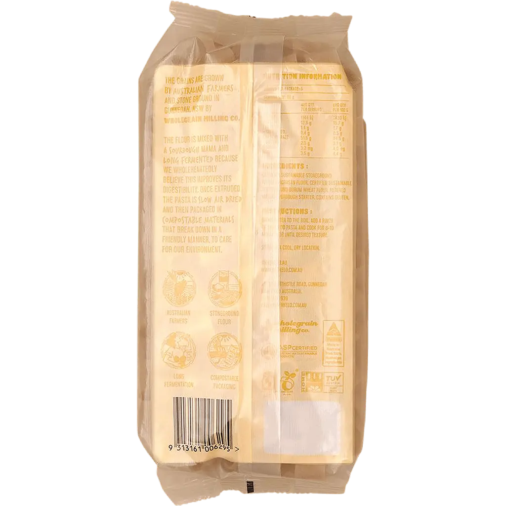 berkelo sourdough pasta, khorasan macaroni back of packet
