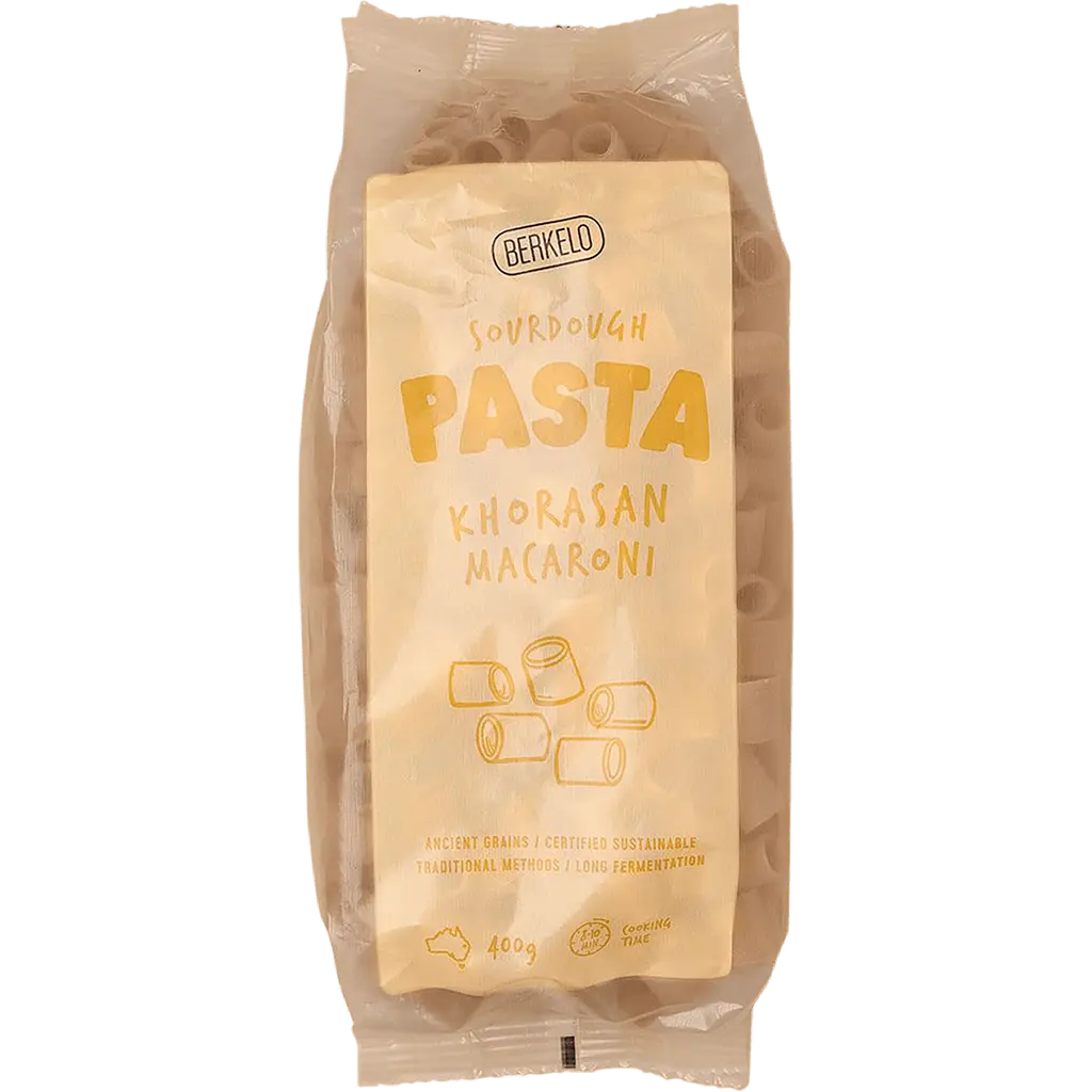 berkelo sourdough pasta, khorasan macaroni front of packet