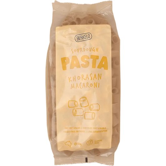 berkelo sourdough pasta, khorasan macaroni front of packet