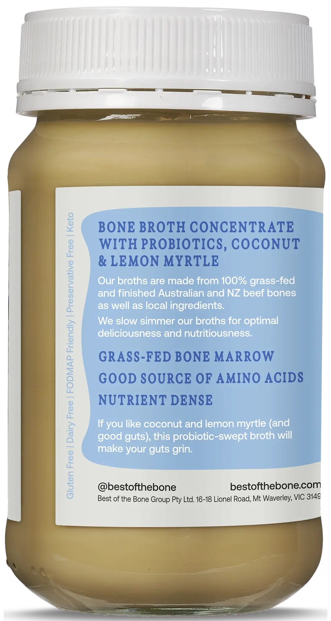 best of the bone grass fed bone broth probiotic coconut & lemon myrtle back