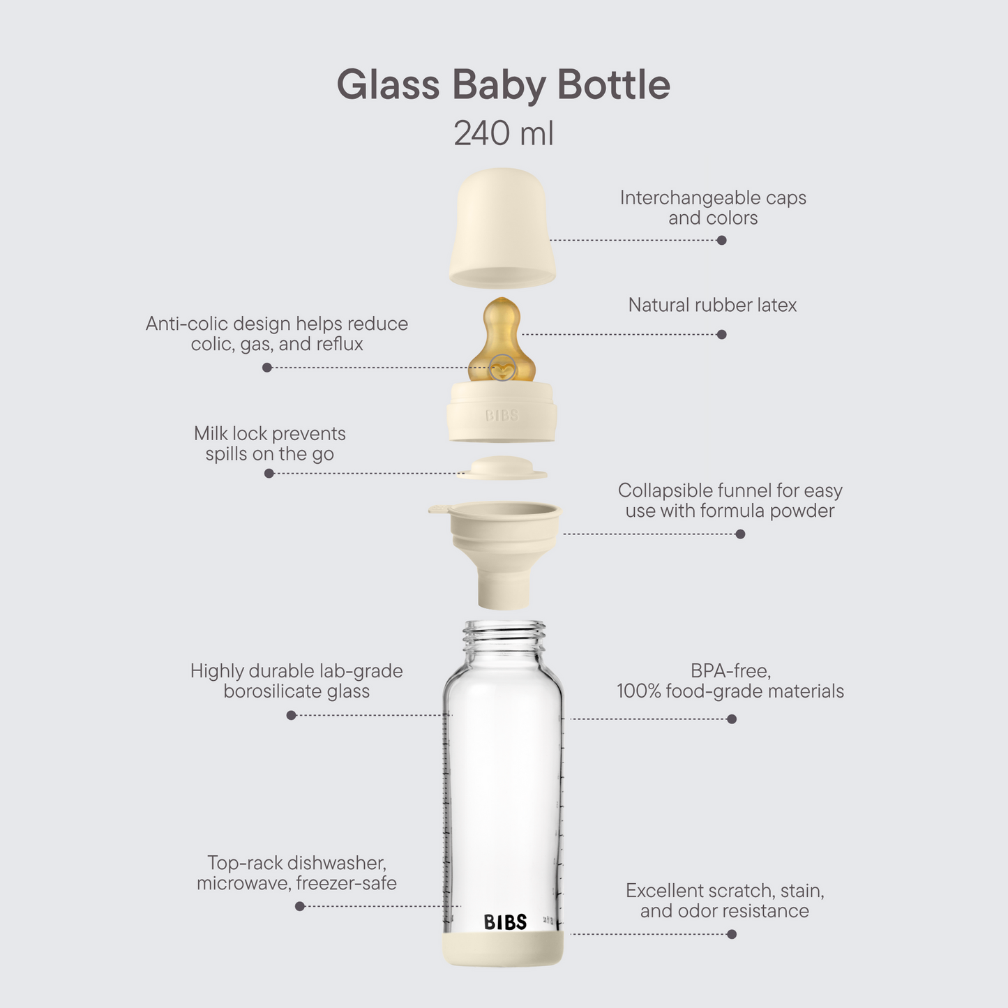 BIBS Glass baby bottle with features highlighted on a white background