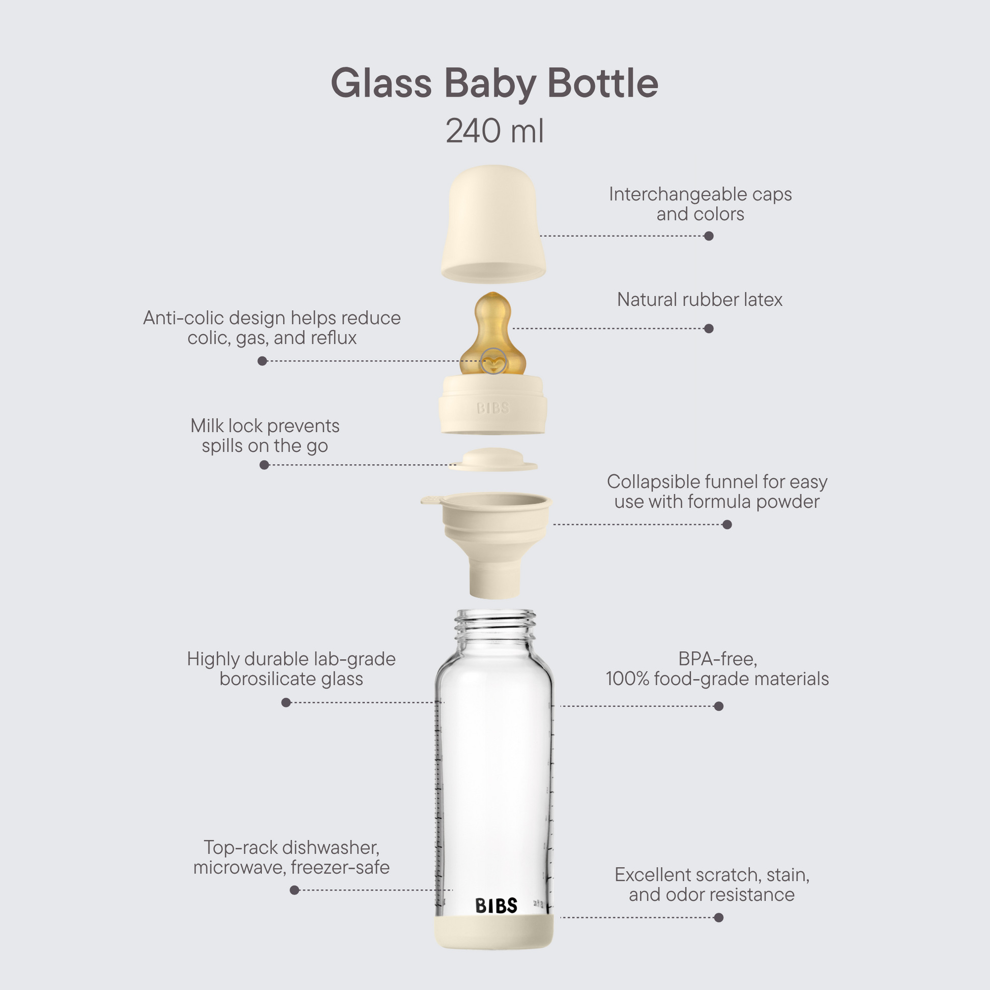 BIBS Glass baby bottle with features highlighted on a white background