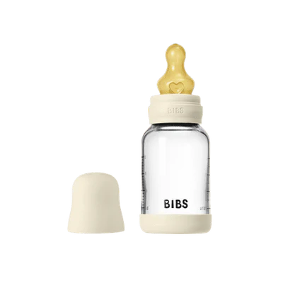 BIBS glass baby bottle with beige cap and teat