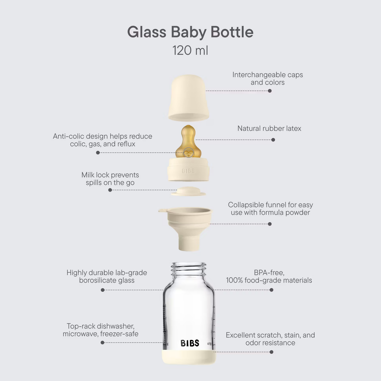 BIBS Glass baby bottle with features highlighted on a white background