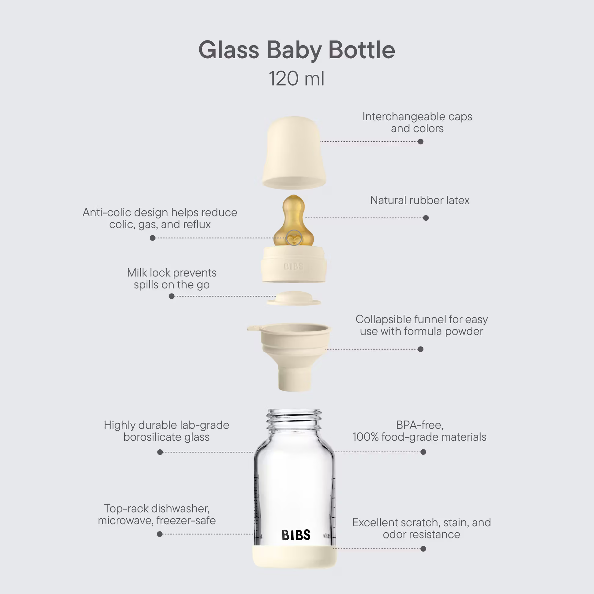 BIBS Glass baby bottle with features highlighted on a white background
