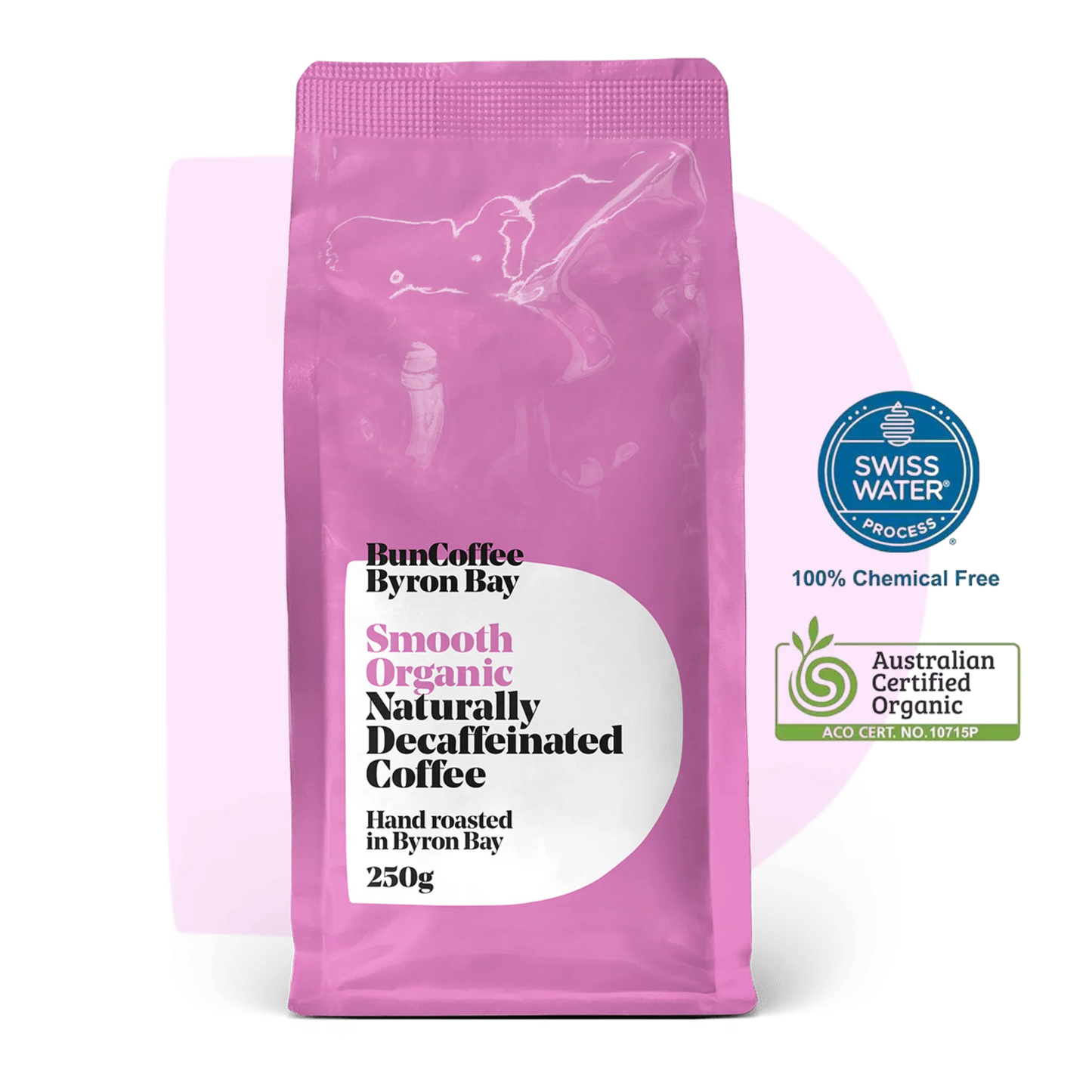 bun coffee Byron bay smooth organic naturally decaffeinated coffee - pink bag