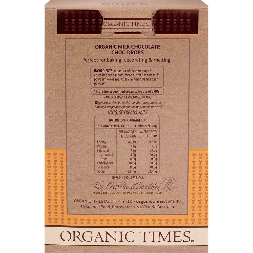 organic times milk choc drops back