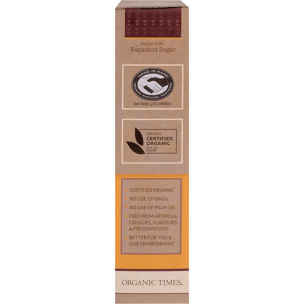organic times milk choc drops side of box