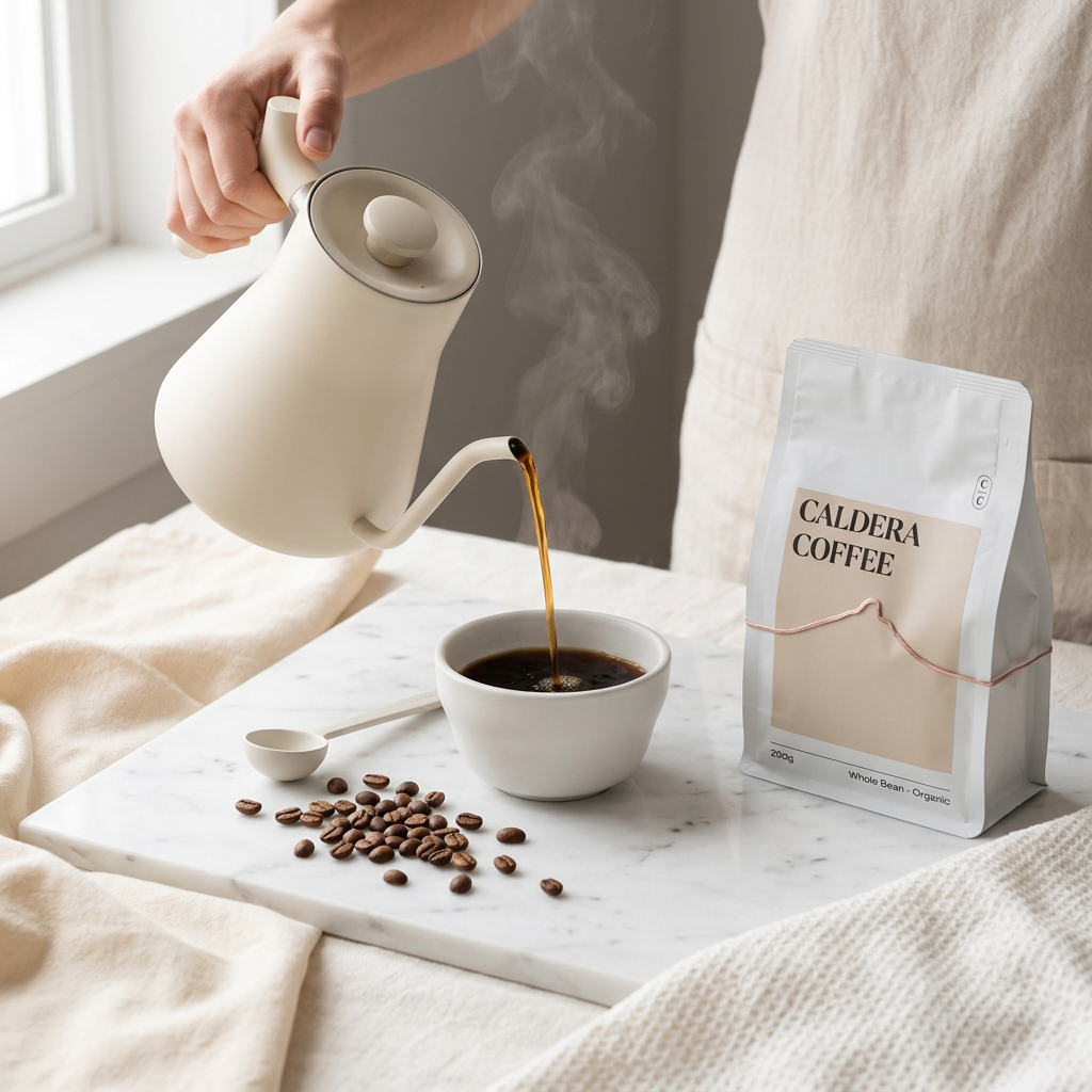 caldera coffee 250g whole bean bag beside a cup of coffee being poured