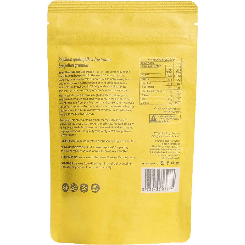 eden health foods bee pollen, wildcrafted, raw, unprocessed, western australian bee pollen granules, back