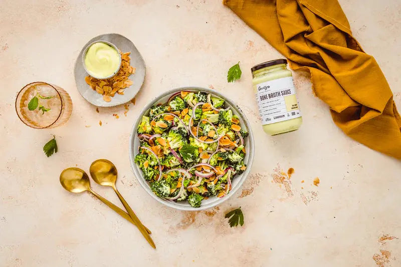 Gevity RX Broccoli, Almond & Turmeric Salad, bone broth sauce