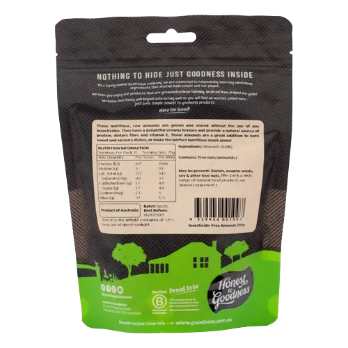 honest to goodness insecticide-free almonds, back