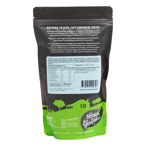 honest to goodness organic dried apricots back of packet, additive free