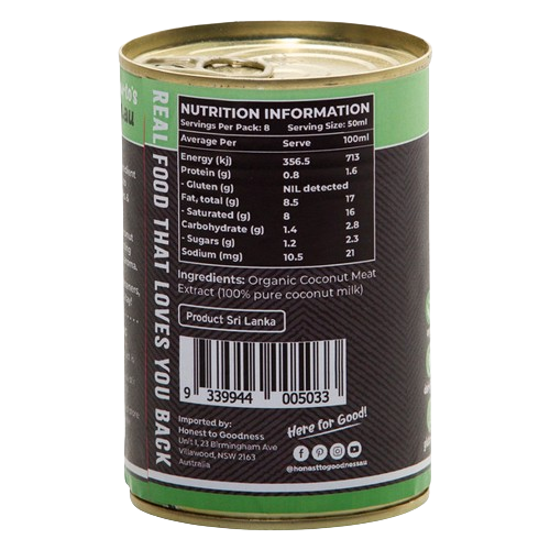honest to goodness organic coconut milk, additive free tin back