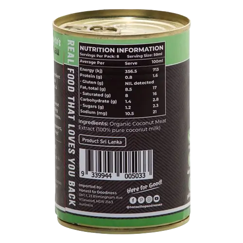 honest to goodness organic coconut milk, additive free tin back
