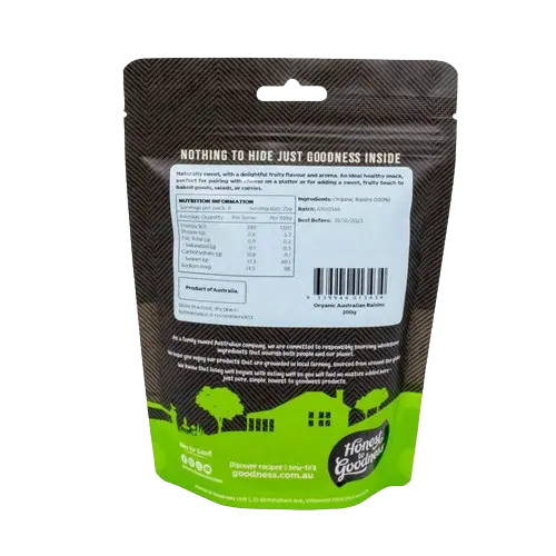 honest to goodness organic australian rasins, back of packet, additive free