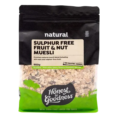 honest to goodness natural sulphur free fruit and nut muesli