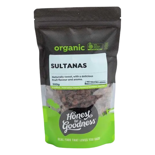 honest to goodness organic additive free sultanas, 500g packet