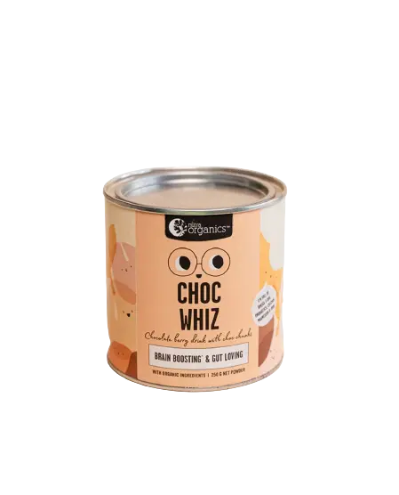 nutra organics, choc whiz, superfoods for kids, choc powder, front