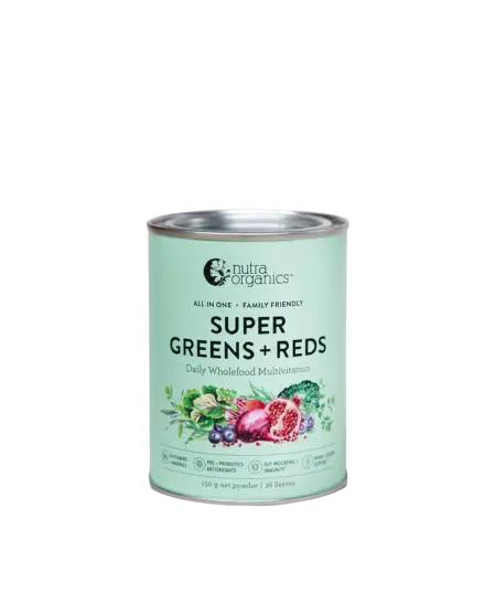 nutra organics, super greens + red, multivitamin, front