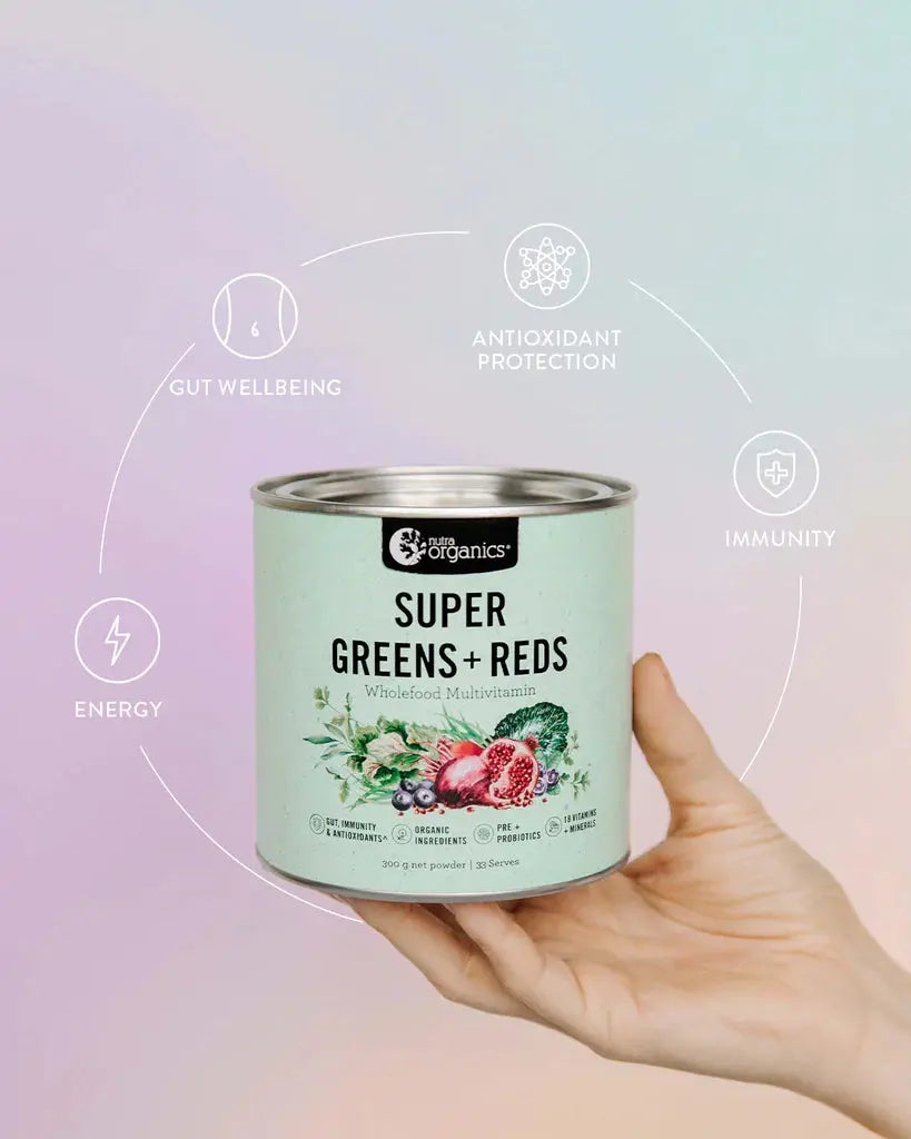 nutra organics, super greens + red, multivitamin, benefits