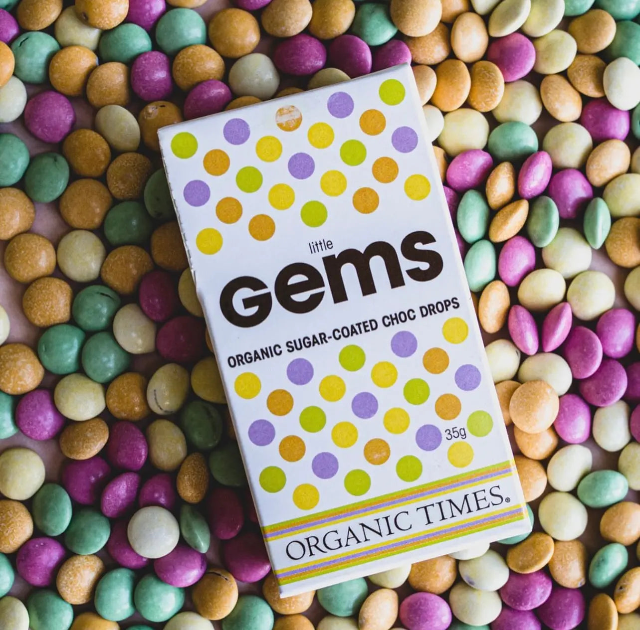 little gems, organic times, chocolate buttons, additive free, front, choc drops