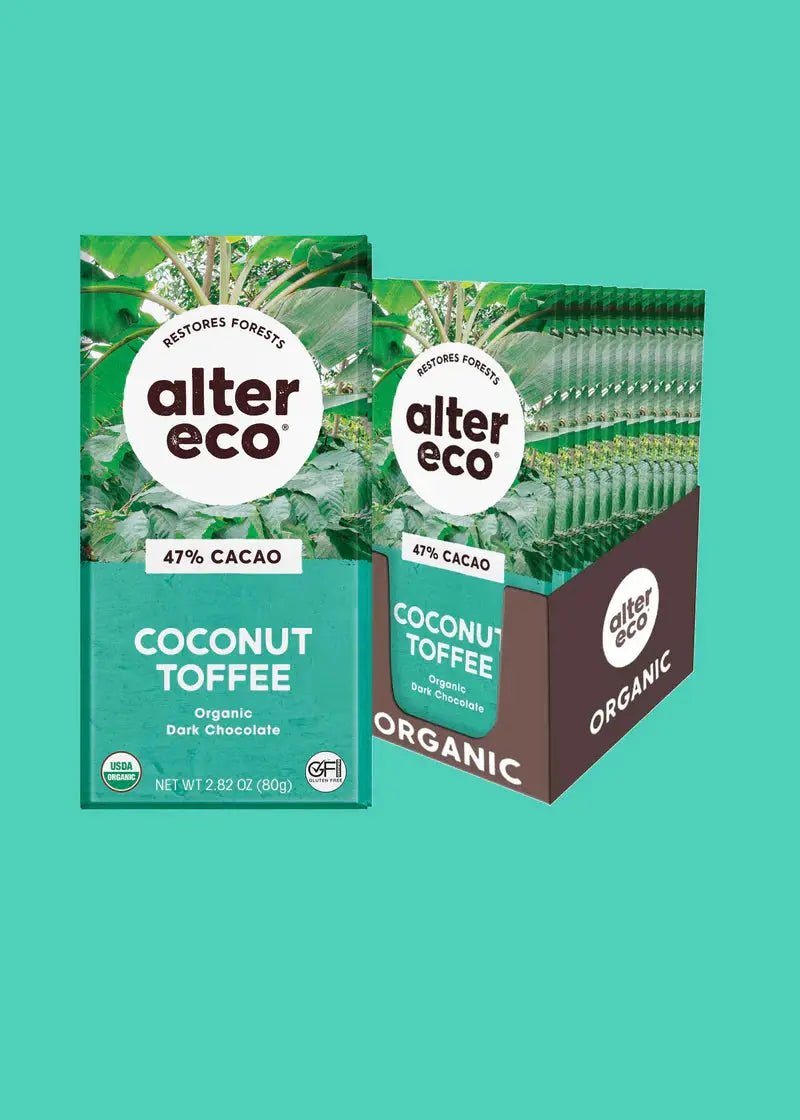 Organic Chocolate Coconut Toffee, alter eco, dark chocolate, organic chocolate, coconut toffee, box