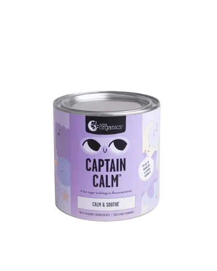 nutra organics, captin calm, calm and soothe, bubblegum flavoured drink, front