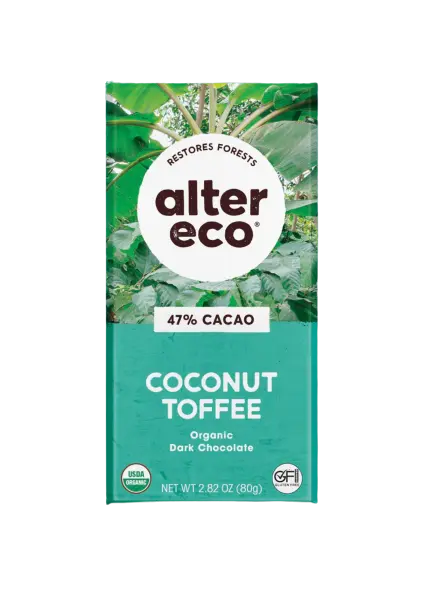 Organic Chocolate Coconut Toffee, alter eco, dark chocolate, organic chocolate, coconut toffee, front