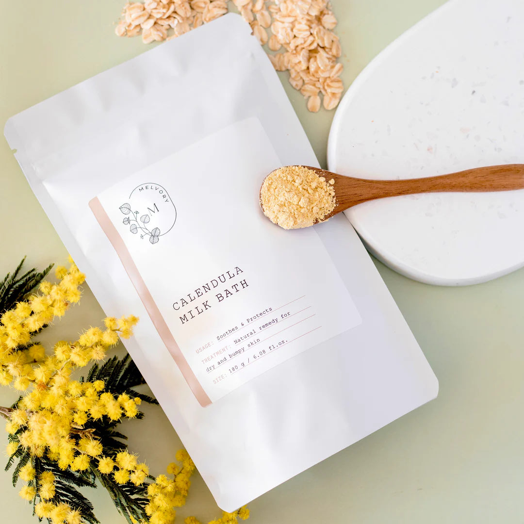 melvory skincare Calendula milk bath package with a wooden spoon