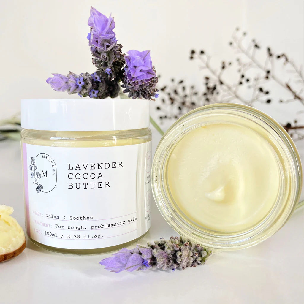 melvory Lavender cocoa butter product with a jar and open container on a white background