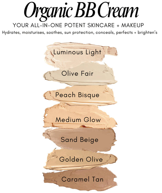 mg naturals Organic BB Cream colour swatches with names on a white background