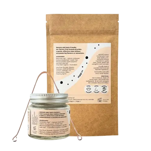 Organic Tooth Powder Flavour Free Brush + Hydroxyapatite back