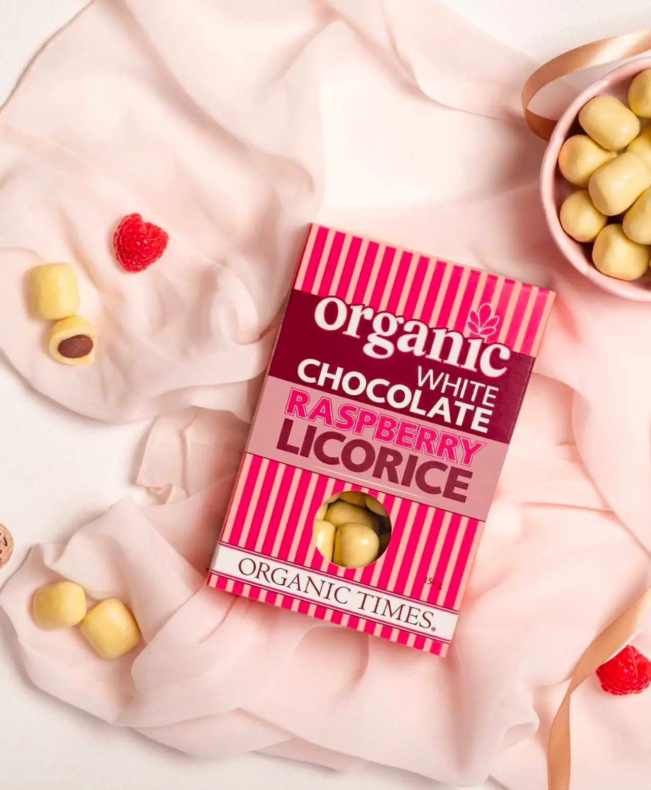 organic times organic white chocolate raspberry licorice styled