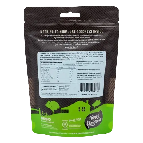 honest to goodness organic LSA back of packet,, additive free