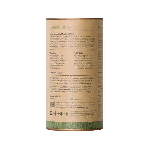 Sacred Taste Organic Drinking Cacao (Matcha Mint Cacao) Vitality 250g, back