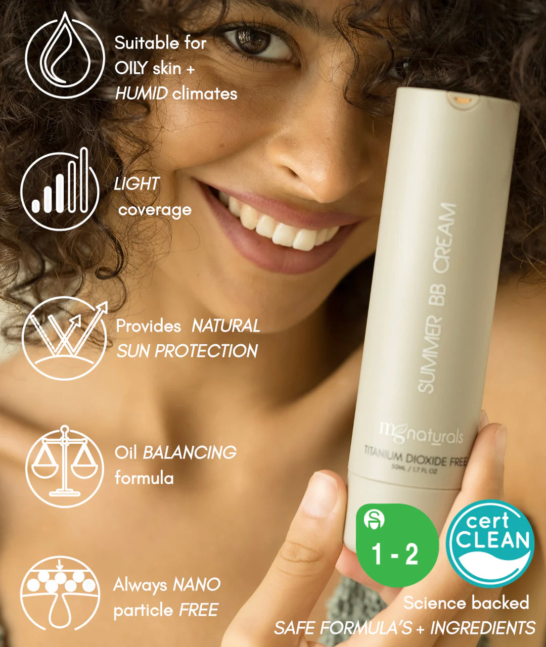 Woman holding a mg naturals Summer BB Cream with product features listed on the left.